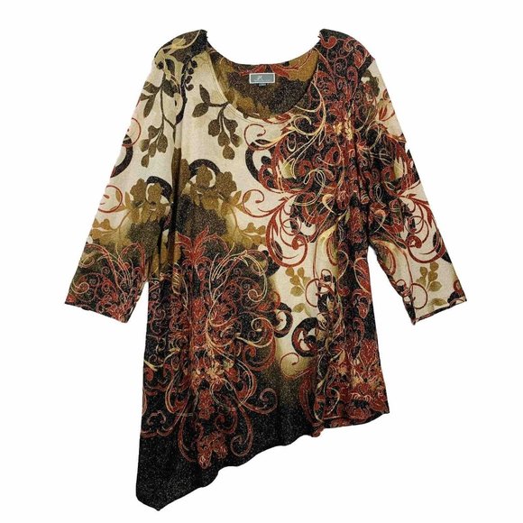 JM Collection Autumn Swirl Tunic Sz XL Women Asymmetric Hem Fall Harvest Sparkle - Picture 1 of 13